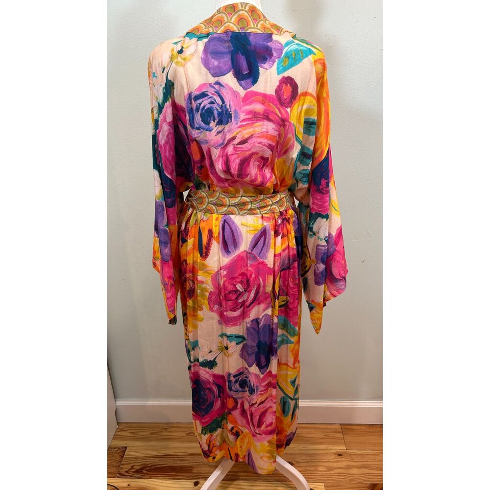 Powder Floral Bright Graphic Kimono Robe Soft Viscose/Pockets Belt OS - Picture 2 of 11